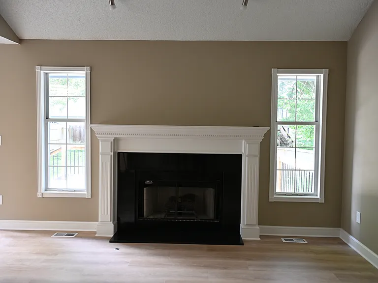 Living room. Fireplace with black granite insert.