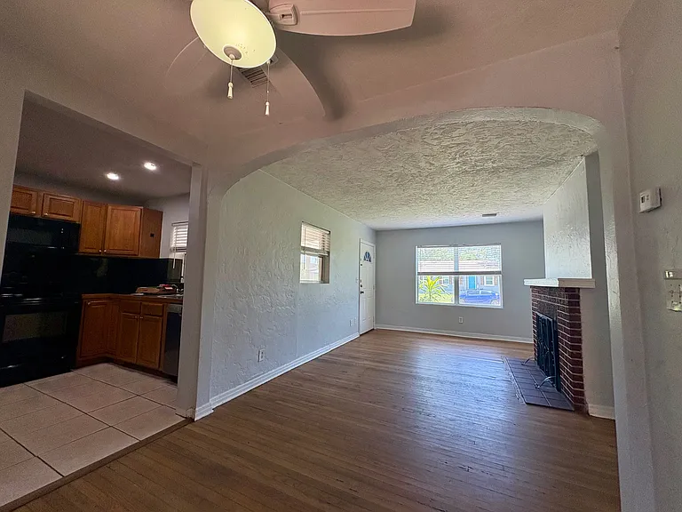 living room and fireplace