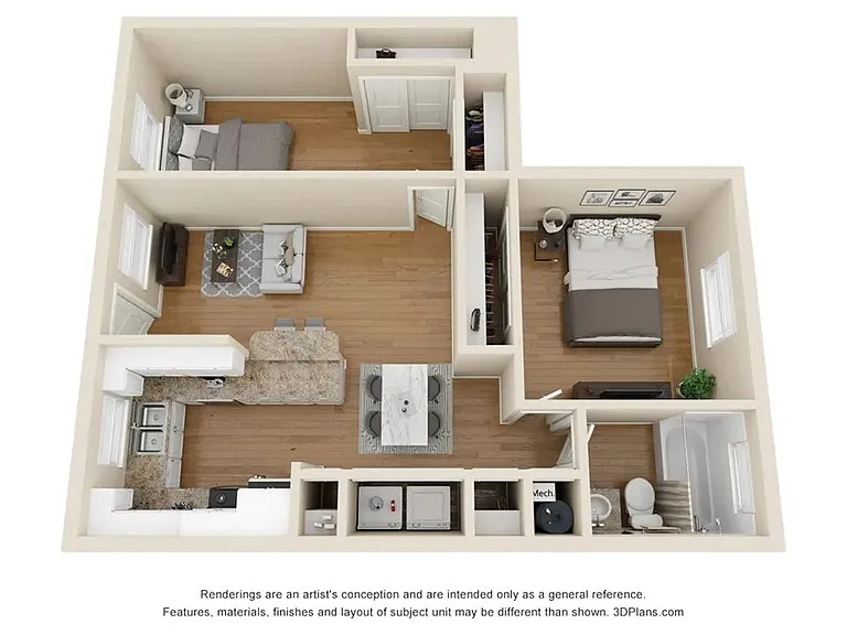 A 3D floor plan rendering of The Queen Palm.
