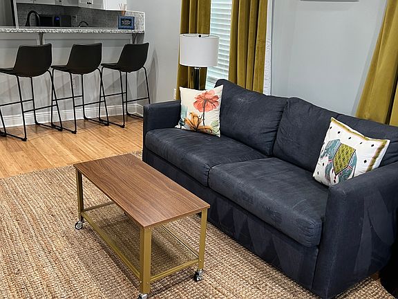 Living room with faux fireplace, blows heat to take the chill off on those chilly nights