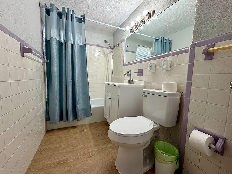 Full bathroom with a tub/shower combo, updated vanity, and a large wall mirror with overhead lighting.