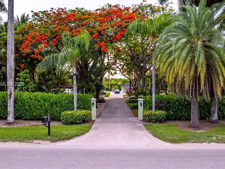 Palm-lined driveway entrance to the 1.23-acre tropical estate, surrounded by mature trees and lush Redland landscaping.