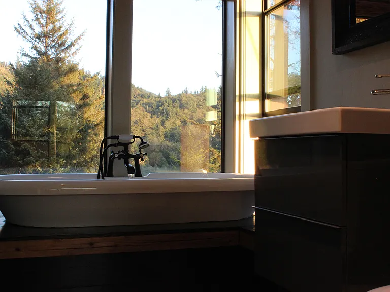 A bathtub with an extraordinary view