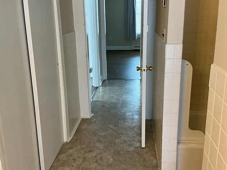 View from bathroom through hallway into bedroom. Double closet on the left.