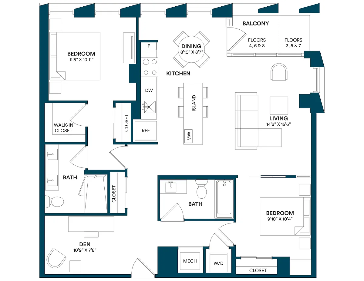 Floor plan 2 Bed/2 Bath JR Den-F TYP 14