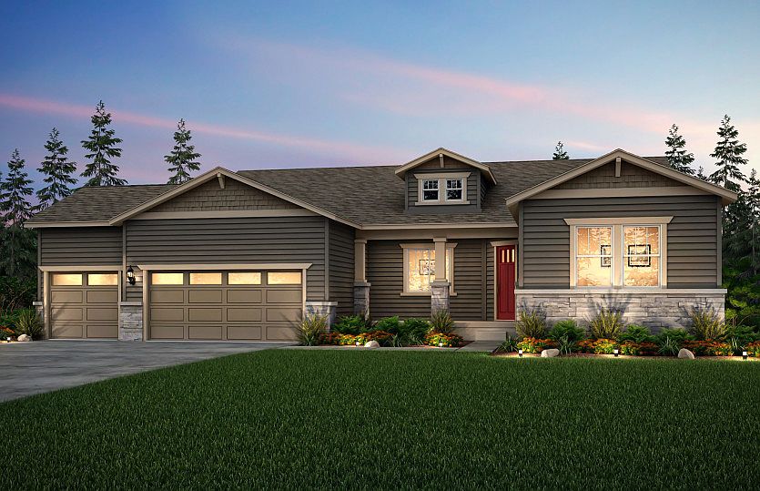 The Voyage, a one-story single family home with a 3-car garage shown in exterior B.
