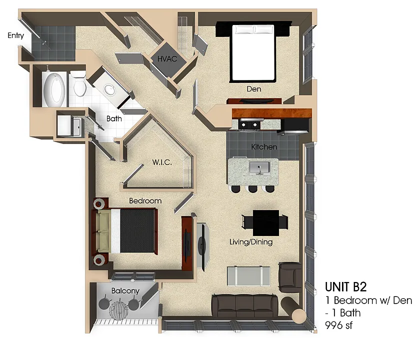 Floor plan (B2) 1 Bedroom - 1 Bathroom with Den