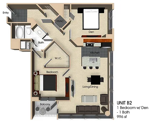 Floor plan (B2) 1 Bedroom - 1 Bathroom with Den
