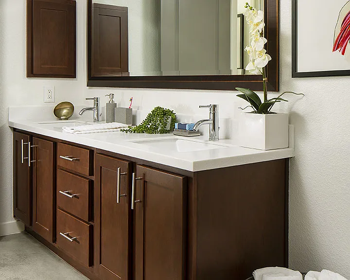 Apartment Bathroom with double vanity mirror.