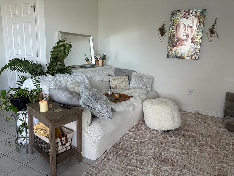 Living room - Open Concept - Cozy Couch, Tasteful Coastal Boho Decor