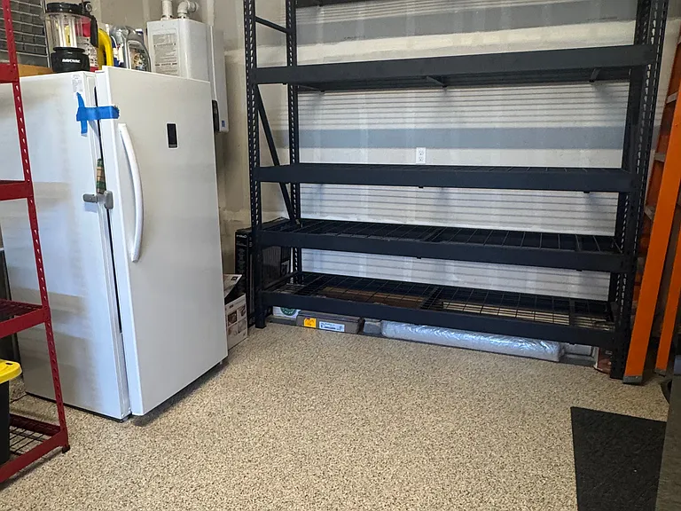 Garage w/ heavy duty shelving and fridge/freezer combo