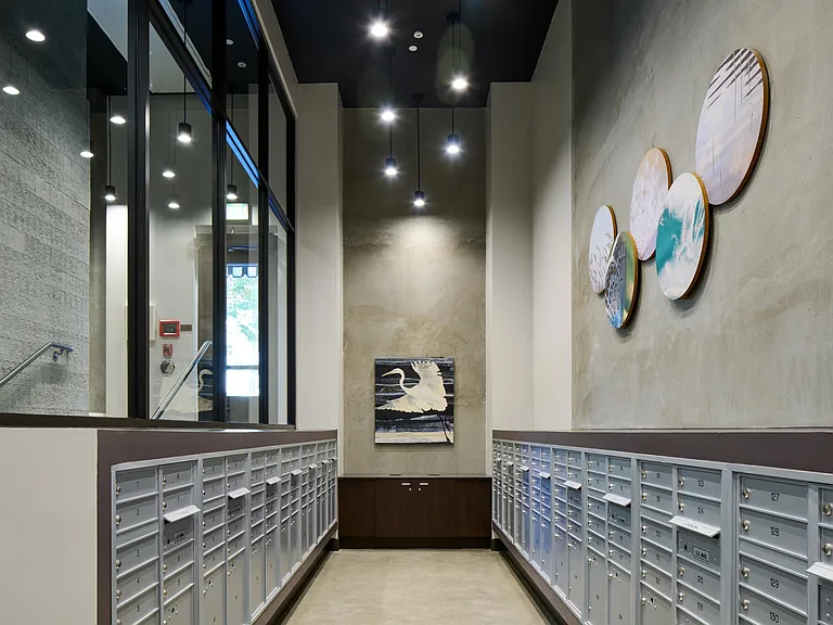 Convenient indoor mail room with self-service package lockers.