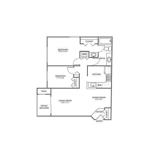 Floor plan Two Bedroom One Bath (887 SF)