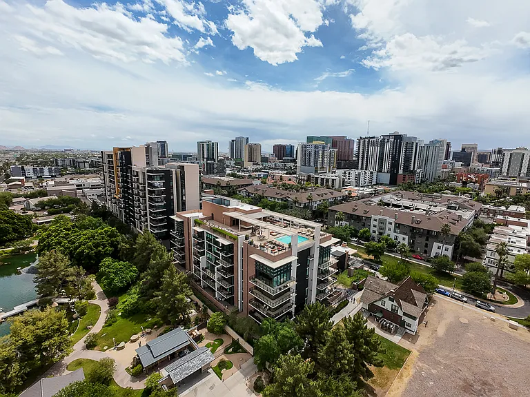 Ariel view of Portland Place bulling overlooking downtown Phoenix