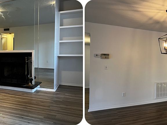 Living room with fireplace, dining room