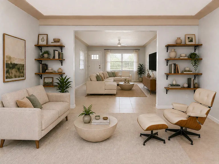 Sunroom/library/playroom, facing the front living room and front door (staged with AI).