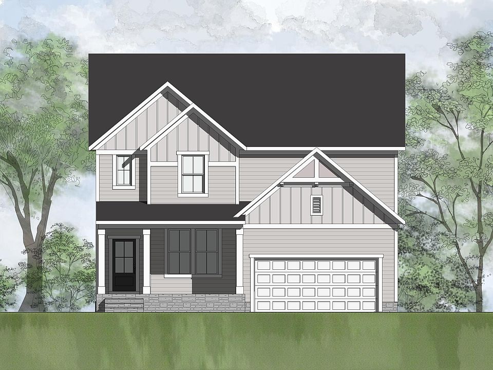 stone, siding and board and batten house with front porch