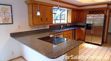 Kitchen : Murano glass pendant lights, electric cook top with vent, kitchen aid fridge