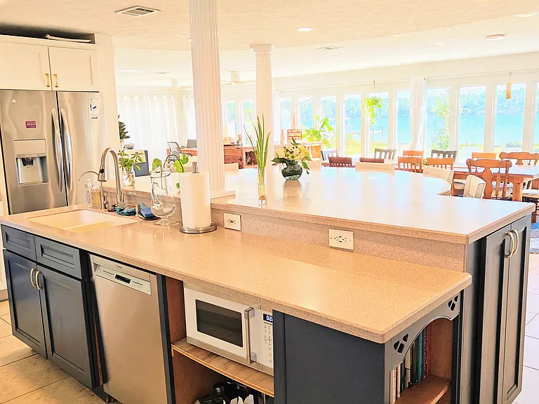 Kitchen island with view of the water
