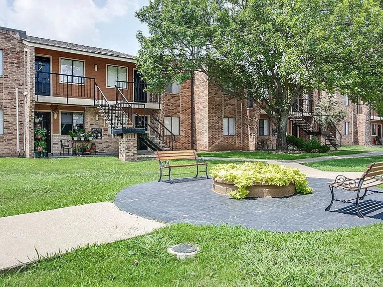 Outdoor view of community courtyard and green space