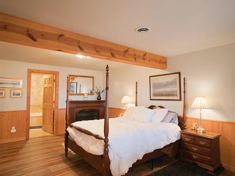 lower level master bedroom with fireplace and bath