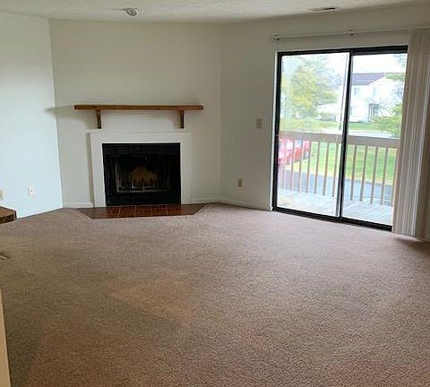 Wood burning fireplace in living room