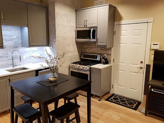 Entry door, Gas stove/oven, microwave and dishwasher shown. Gas, electric included with rent.