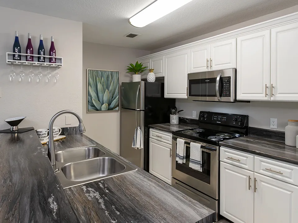 Experience a contemporary kitchen at Soleil Blu Apartments in St Cloud, FL, featuring stainless steel appliances, sleek countertops, custom cabinetry, and stylish finishes.
