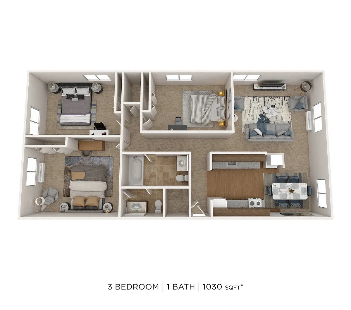 Floor plan Three Bedroom- 1030 sqft