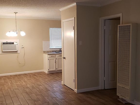 Looking into dining room and kitchen with large coat closet.