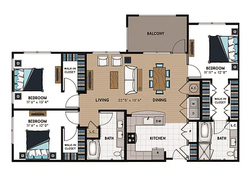 Floor plan 3 Bed, 2 Bath B (140% Income Restricted)
