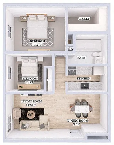 Floor plan 2 Bed, 1 Bath
