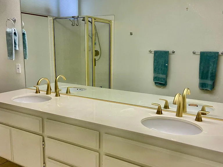 Large primary bedroom bathroom. Tub and shower .