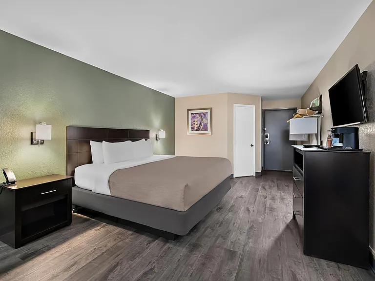 Furnished bedroom with a king bed, nightstands, work desk, dresser, and a window with curtains for natural light.