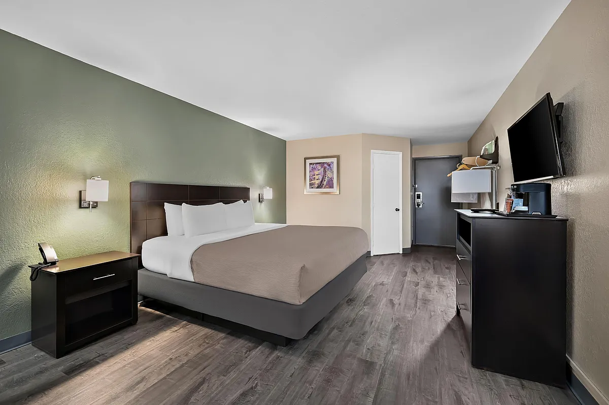 Furnished bedroom with a king bed, nightstands, work desk, dresser, and a window with curtains for natural light. - S Cleveland Ave