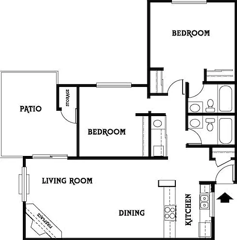 Modern floor plan showcasing 2 bedrooms with an expansive living area, dining space, and a sleek kitchen leading to a cozy patio. Modern floor plan showcasing 2 bedrooms with an expansive living area, dining space, and a sleek kitchen leading to a cozy pa
