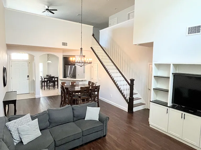 Open living space with LVP and built in entertainment center