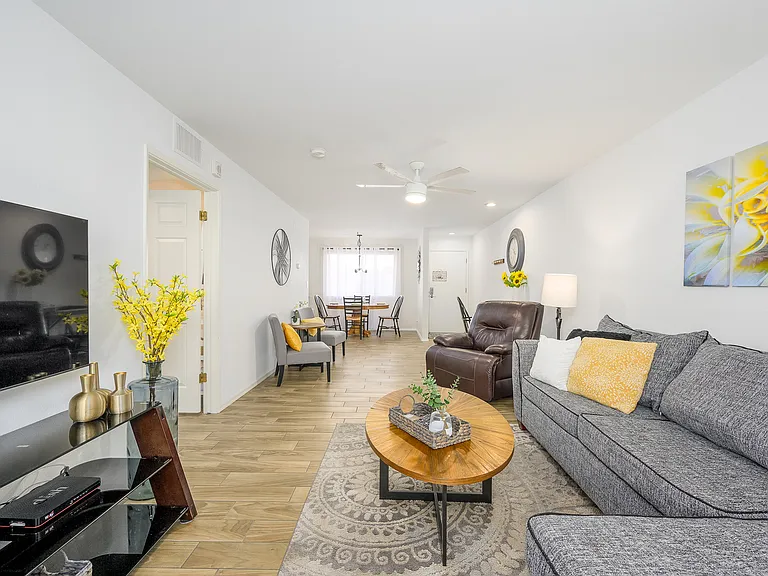 View of living room from private patio.