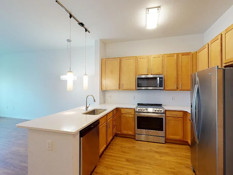 Apartment kitchen with stainless steel appliances, quartz countertops and wood-style flooring.