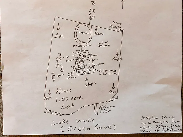 Owner drawing of house location on 1.03 acre lot from land survey map.