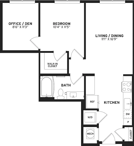 Floor plan 1 Bed/1 Bath Den-A1-C