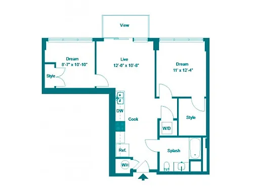 Floor plan Two Bedroom One Bath (802 SF)