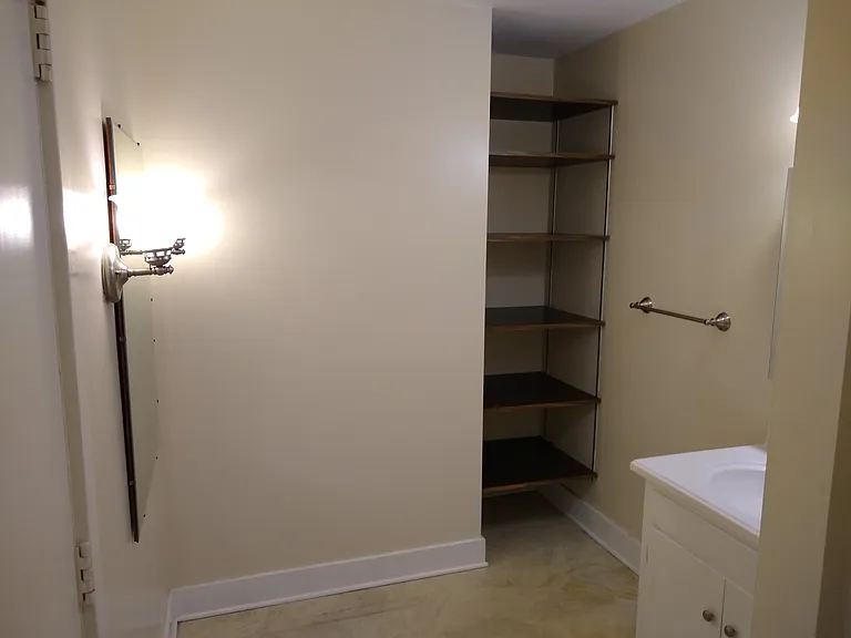 Bathroom has makeup area with mirror and lights to the left, plenty of storage to the right.