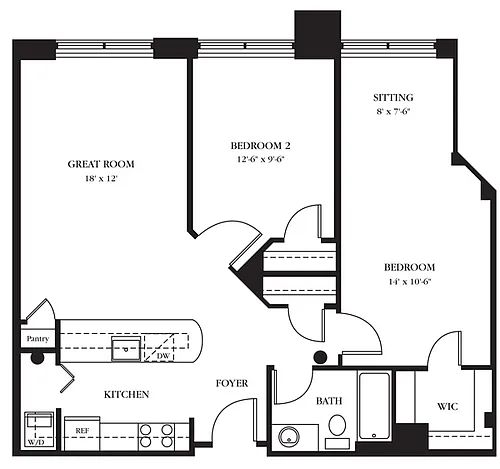Floor plan AC-AM Two Bedroom, One Bathroom