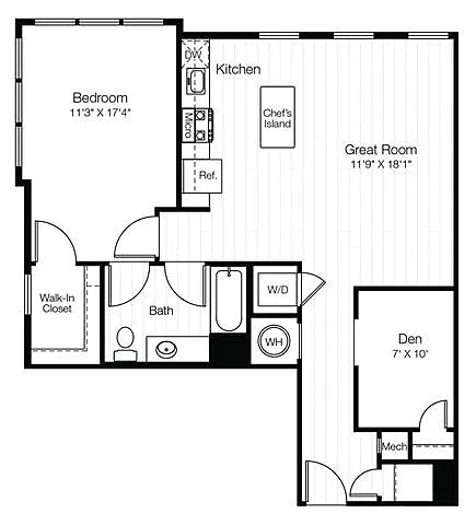 Floor plan A14D 1 Bedroom 1 Bath with Den