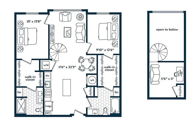 Floor plan Two Bedroom Two Bath Loft (1223 SF)
