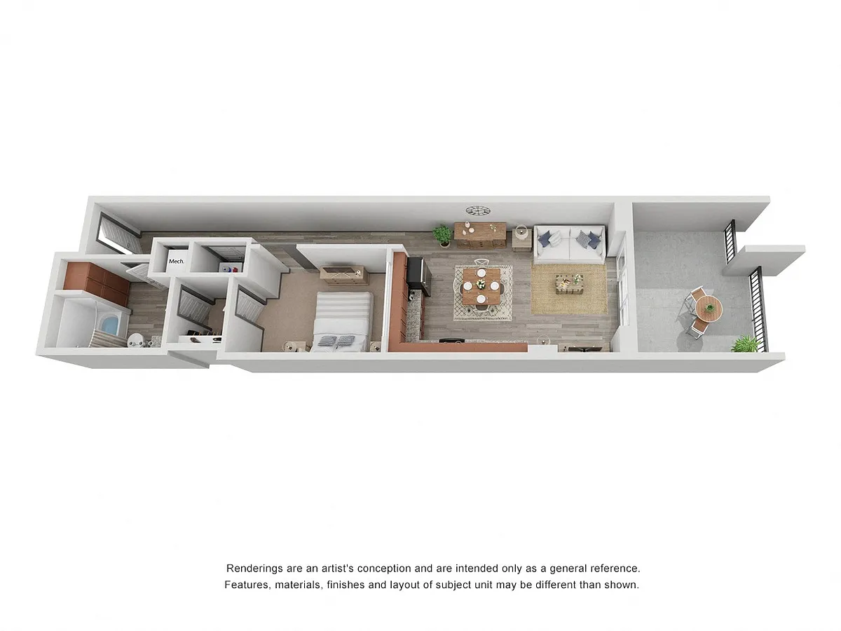 Floor plan 1Bed 1 Bath w Patio
