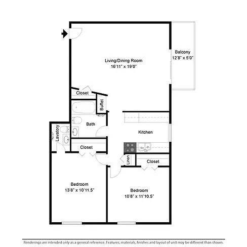 Floor plan 2 Bed 1.5 Bath Style B