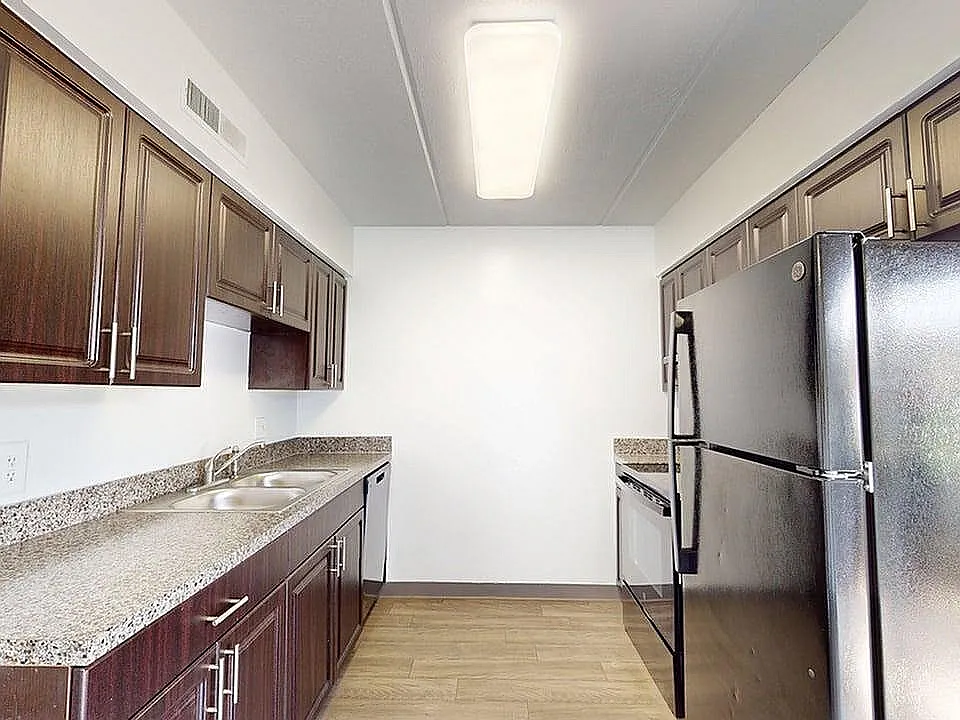 Sleek modern kitchen with elegant dark wood cabinets, granite countertops, and stainless steel appliances.