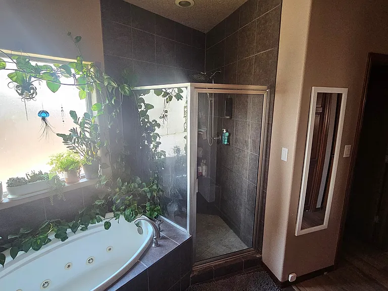 Master bathroom with a jetted tub and shower, double sink, and a lot of storage space.